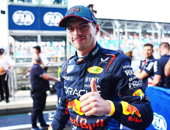 MIAMI, FLORIDA - MAY 03: Sprint Pole qualifier Max Verstappen of the Netherlands and Oracle Red Bull Racing celebrates in parc ferme during Sprint Qualifying ahead of the F1 Grand Prix of Miami at Miami International Autodrome on May 03, 2024 in Miami, Florida. (Photo by Mark Thompson/Getty Images)